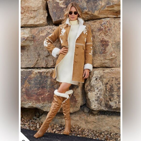 BCBGMAXAZRIA Tan Leather Over The Knee Boot Faux Fur High Block Heel Size 7 - Picture 5 of 16